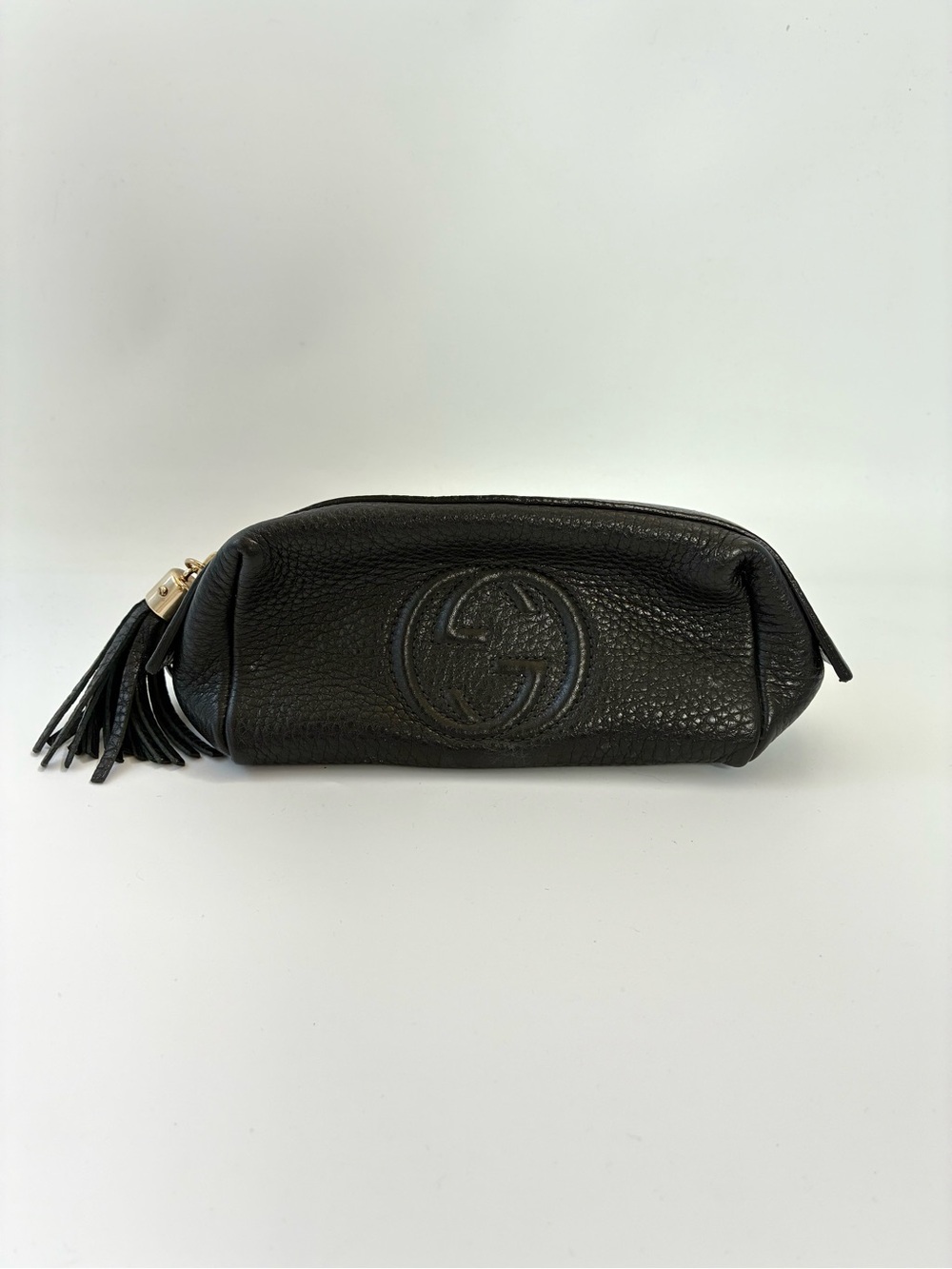 Gucci Soho Black Leather Mini Pouch Cosmetic Bag Tassel Logo Compact - Picture 2 of 10